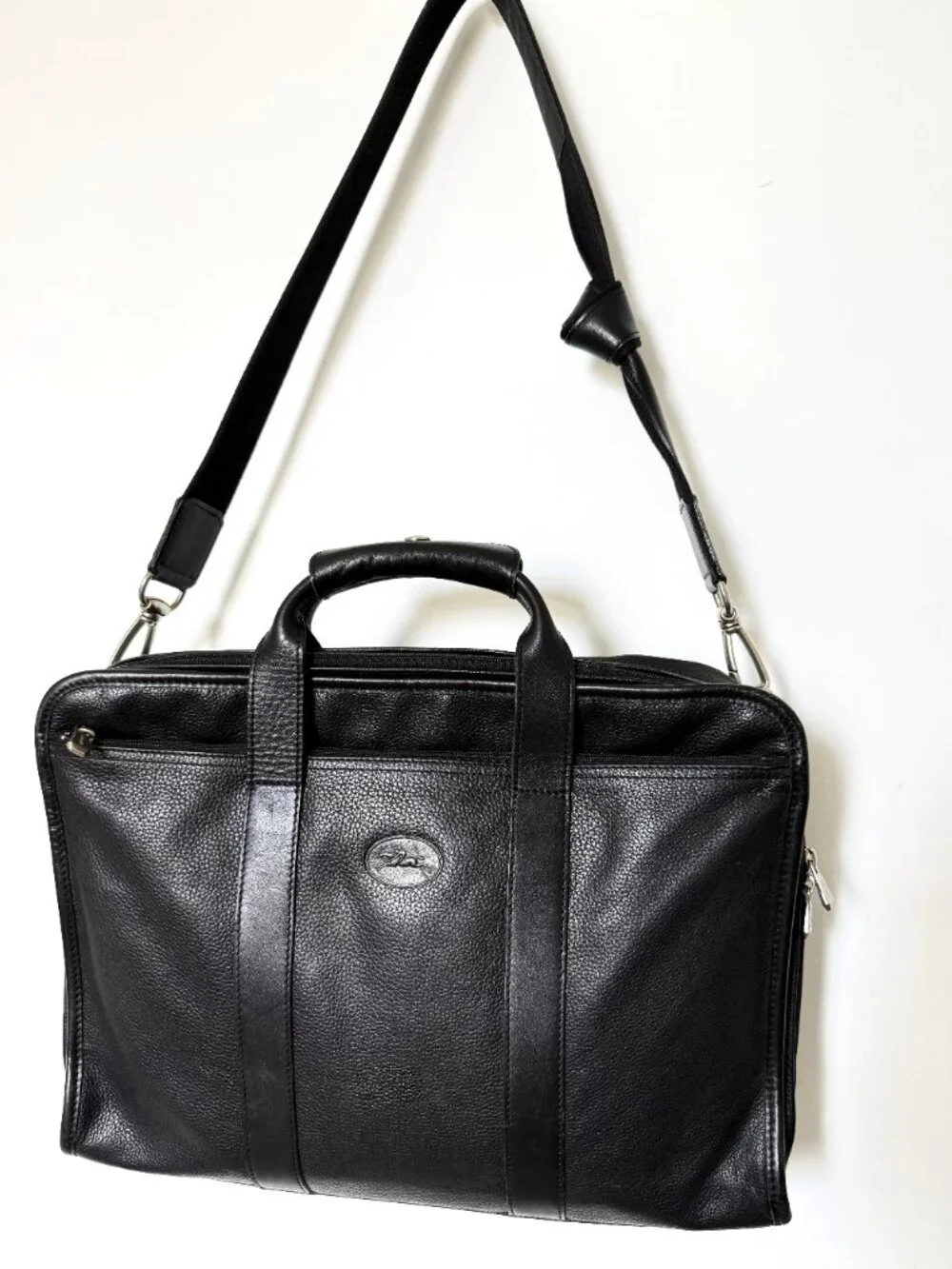 Longchamp Paris Laptop bag Black leather computer Case crossbody bag